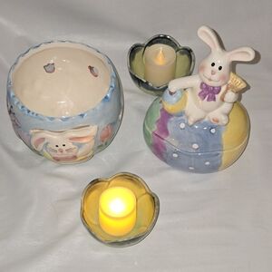 Pastel Bunny Ceramic Trinket Box with Matching Flower Tea Light Holders